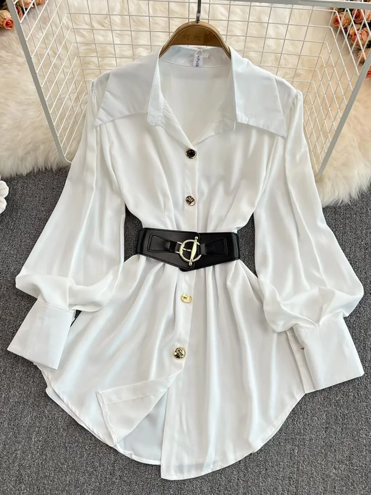 Polos ftlzz Spring Autumn Elegant Women notched Collar Long Sleeve Shirt Office Lady Single Breasted Solid Shirt With Belt