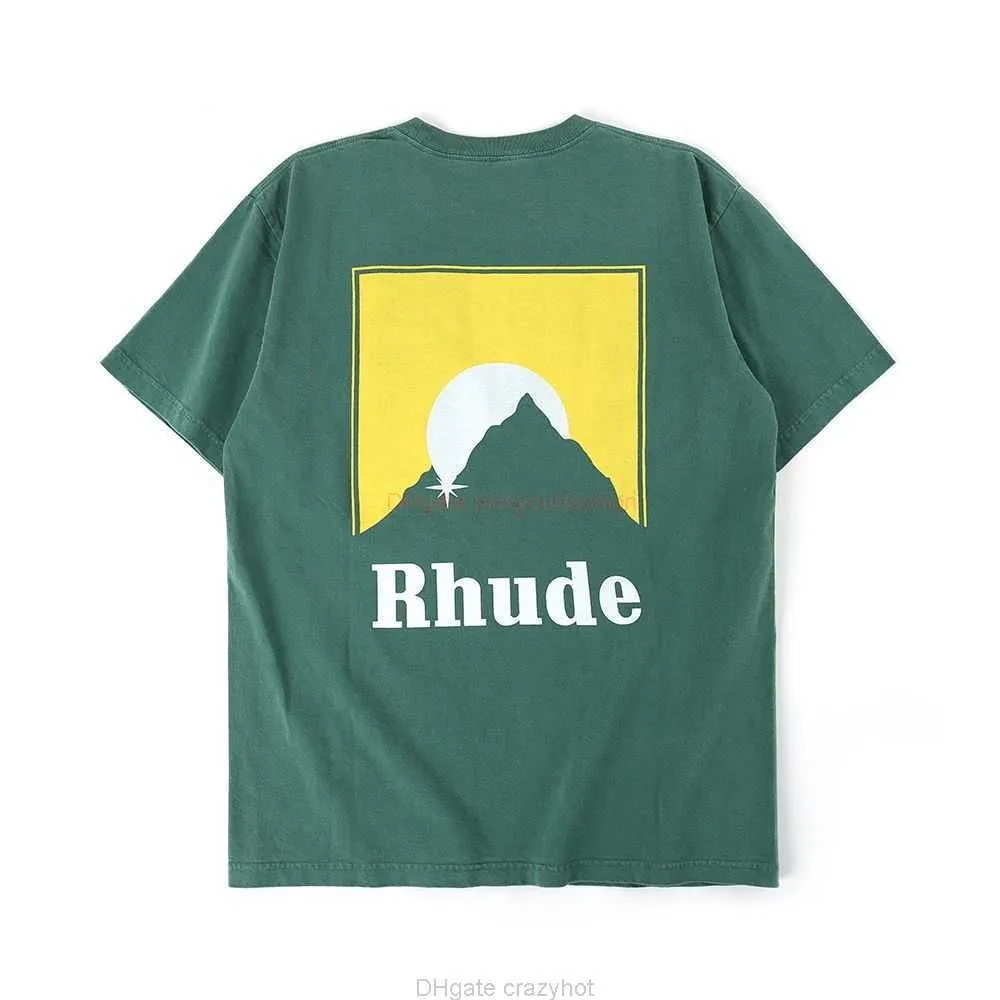 Herr tshirts modedesigner klädstrålar tshirt rhude solnedgång efterglöd tryckt tvättad gammal hög kvalitet bomull lös kort ärm för män kvinnor ungdom streetwea