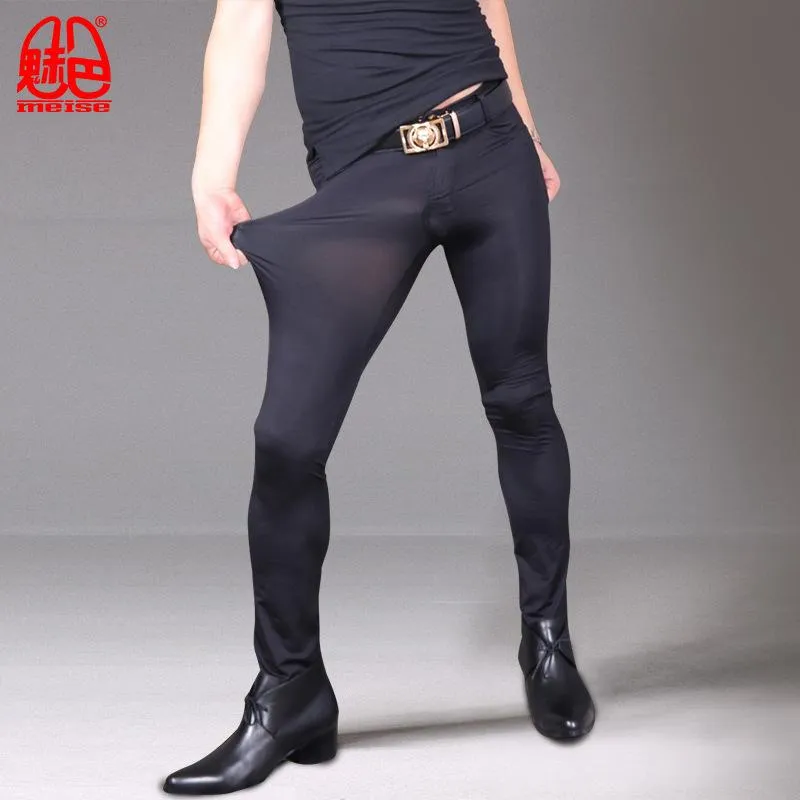 Pantalon Sexy pour hommes, collants longs, Transparent, en soie glacée, brillant, haute élasticité, jambe crayon, pantalon serré, ultra-mince, vêtements Gay