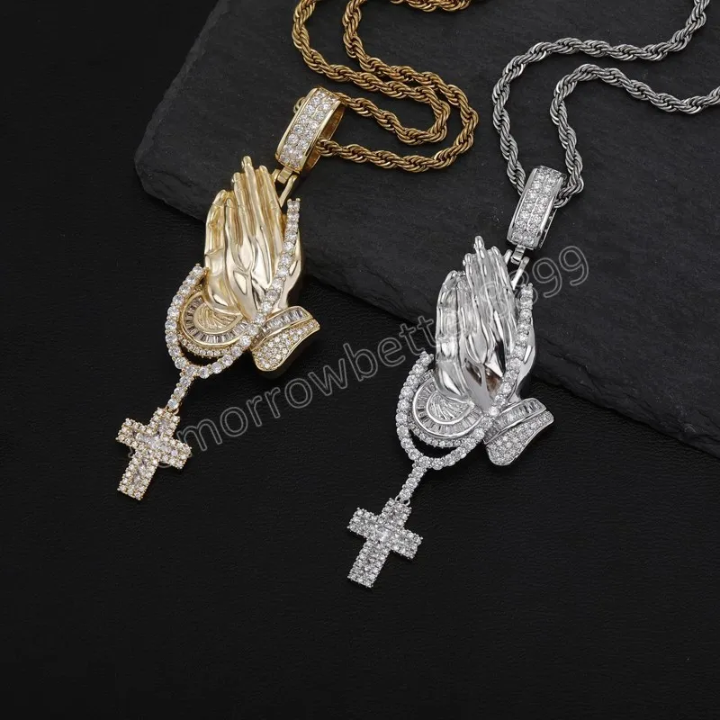 Cubic Zirconia Iced Out Bling Praying Hands Cross Pendenti Collane CZ Hand Of Prayer Charm Per Uomo Donna Gioielli