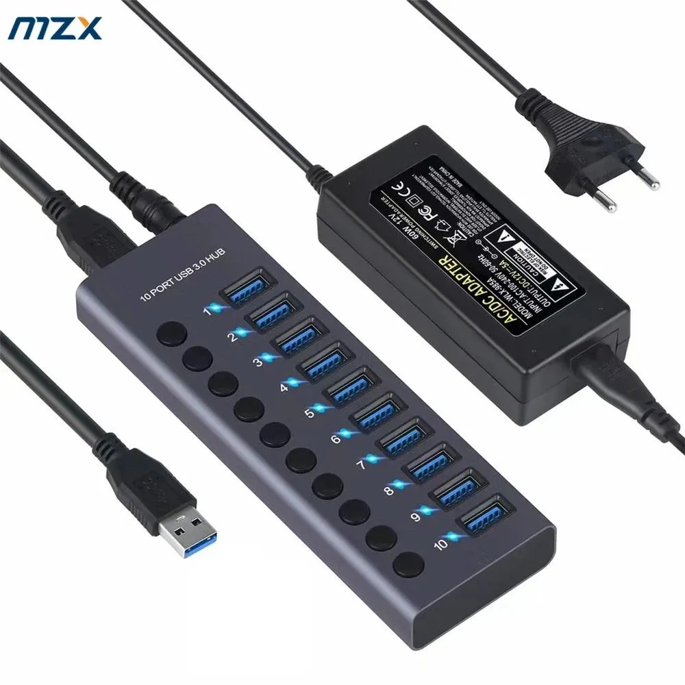 Hubs Mzx 10 7 4 Port USB 3.0 Hub Aluminum Multi Splitter Quick Pd Charger Adapter Power Adapter Mailt Expander Hubs с переключателем для ноутбука