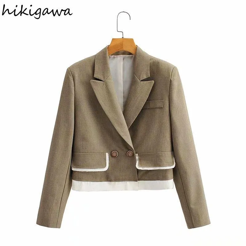 Kadınlar Suits Blazers Hikigawa Kore Moda Çentikli Uzun Kollu Patchwork Blazer Kadınlar Sonbahar Fransız Çifte Breated England Style Jacke