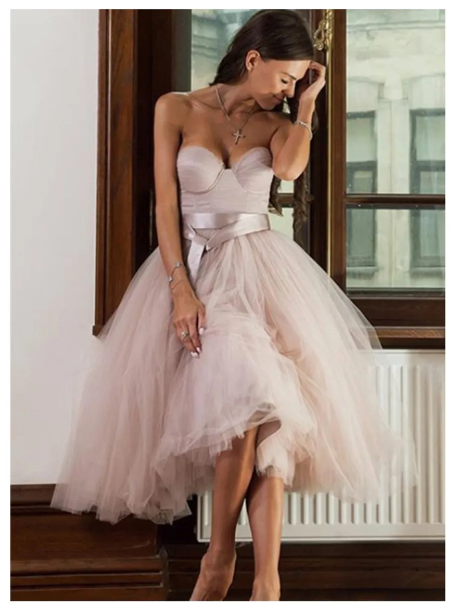 Robe de mariée courte informelle sans bretelles 2023 robe de mariée de plage longueur au genou rose Tulle robes de mariée vestidos de novia