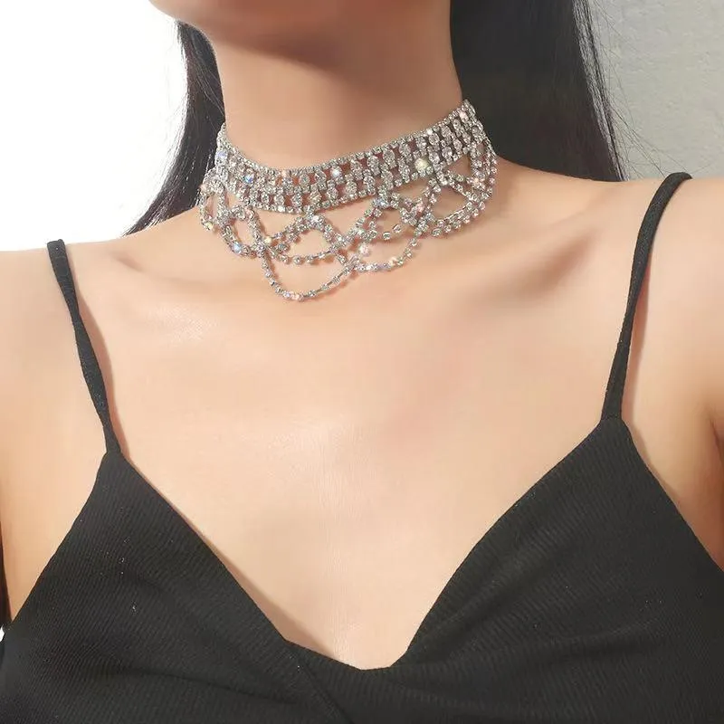 Rhinestone Choker Necklaces for Women Luxury Short Mesh Crystal Cross Tassel Choker Jewelry