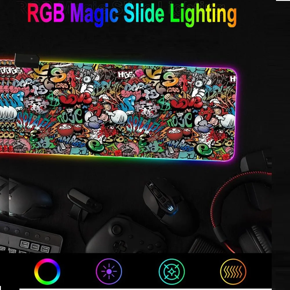 Rust Grote Gamer Muismat Graffiti RGB Backlight Toetsenbord Muizen Mat Gaming Muismat Voor Laptop PC Computer Tafelkleed