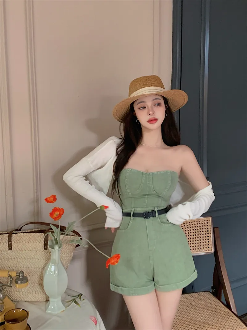 Women summer sexy tube top strapless denim jeans slim waist with