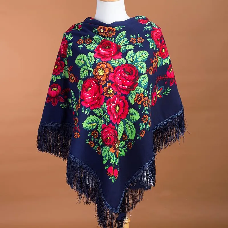 Russian Fringed Square Scarf For Women Retro Floral Pattern