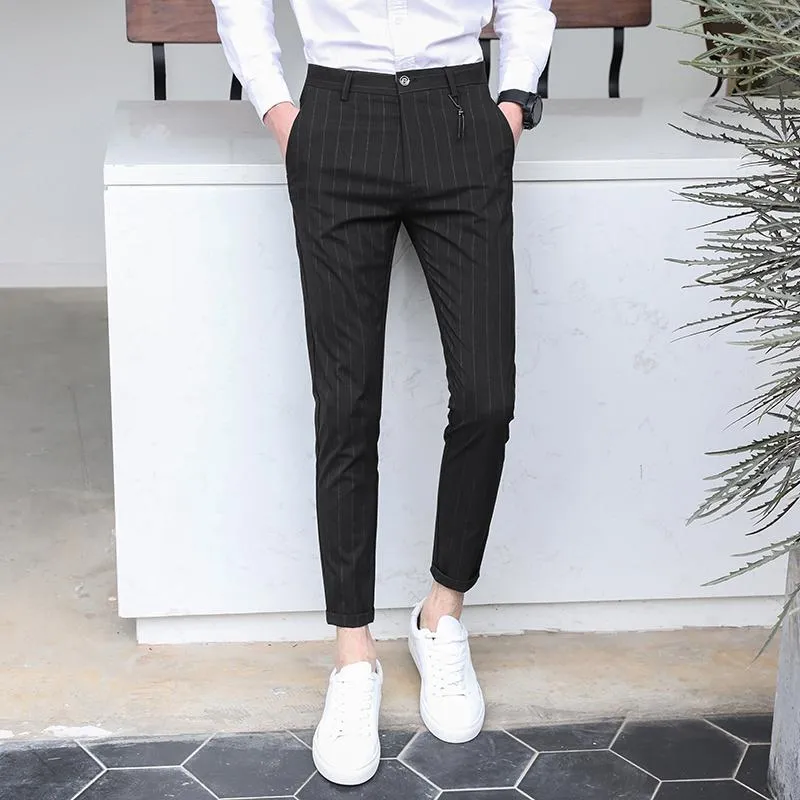 Pants Summer Pinstripe Elegant Classic Grey Croped Pants Slim Fit Black Work Social Suit Pants Black Party Wedding Fashion Trousers