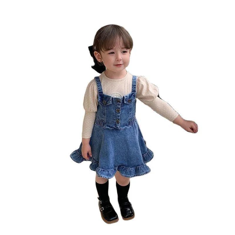 Robes de fille Salopette en jean pour tout-petit fille Jumper Plain Pinafore Button Jupe plissée Printemps Été Beaux vêtements