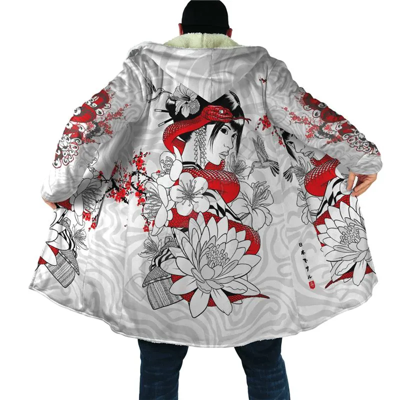 A lã masculina combina homens de inverno para mulheres manto encapuzado Japão Japão Geisha Tattoo 3D Principal Wind Breaker Hood Hood 03
