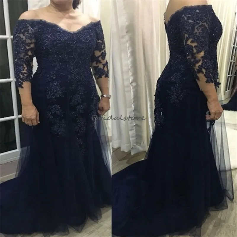 Luxury Lace Mother of the Bride Dress Bride Plus size Elegante Mermaid Applique per matrimoni Ospite Wear Long Formale Mom Evening Party Navy Blue Fiesta de Vestidos Madrina