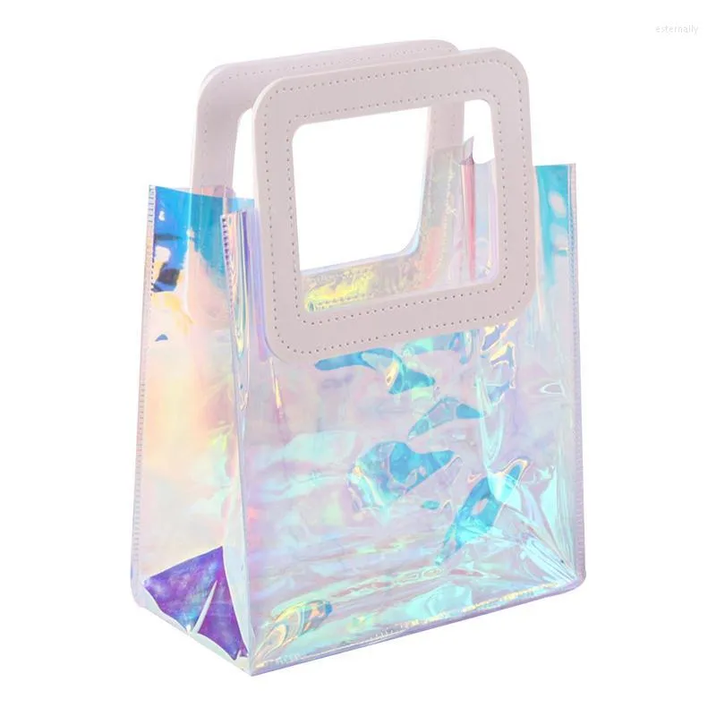 Storage Bags Iridescent Bag Reusable Gift With Handles Wrap PVC Handle For Birthday Christmas Travel Wedding Shopping.