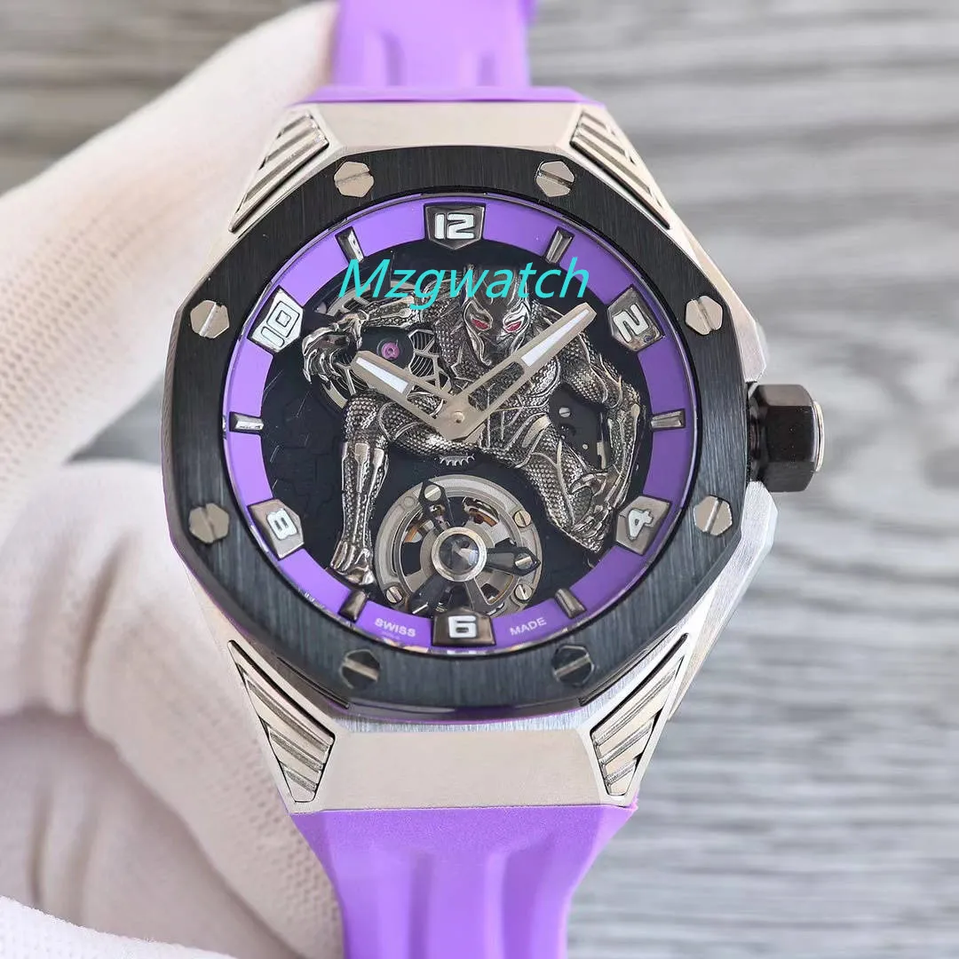 Men's watch Sandblasted titanium case Black ceramic color bezel Diameter 42 mm Sapphire crystal glass Purple rubber strap