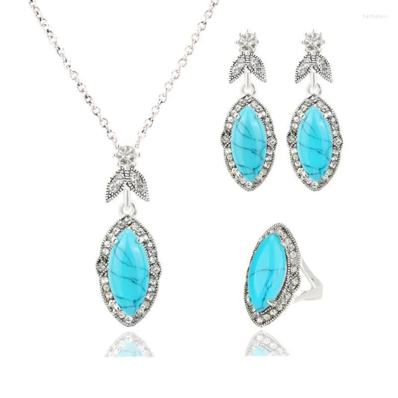 Collier Boucles D'oreilles Ensemble Megin D Argent Plaqué Turquoise Vintage Boho Collier Chaînes Anneaux Stud Bijoux Pour Femmes Mariage Ane Half22