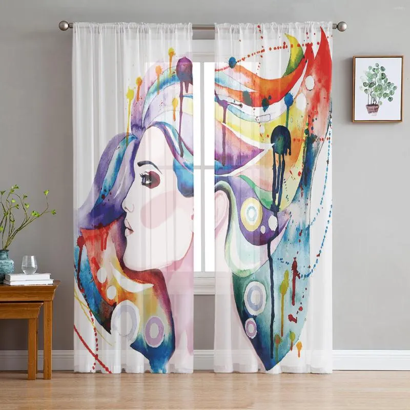 Tenda Donna Capelli Splash Ink Art Chiffon Tulle Tende per soggiorno Cucina Camera da letto Sheer Voile Yarn Window Treatment