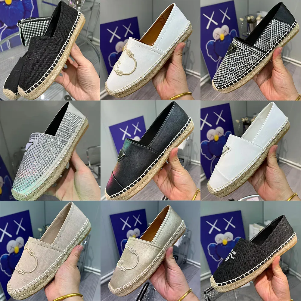 Nowy P Trójkąt markowy kobiety swobodne buty płaskie espadrilles bling kryształowy damski damski buty rybackie sandały letni metal logo dzianinowe splot Sole Canvas Buty 35-40