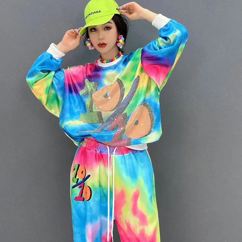 Dress Womens Loose Diamond Rainbow Bear Two Piece Outfits Tracksuit Long Sleeve White Sweatshirt Hooded Sets for Ladies Sweatsuits