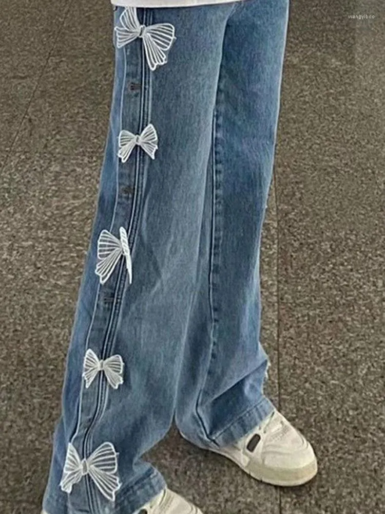 Kvinnors jeans avslappnad söt hög midja kvinnor vintage chic spets bow löst rak denim byxor kvinnliga streetwear y2k breda benbyxor