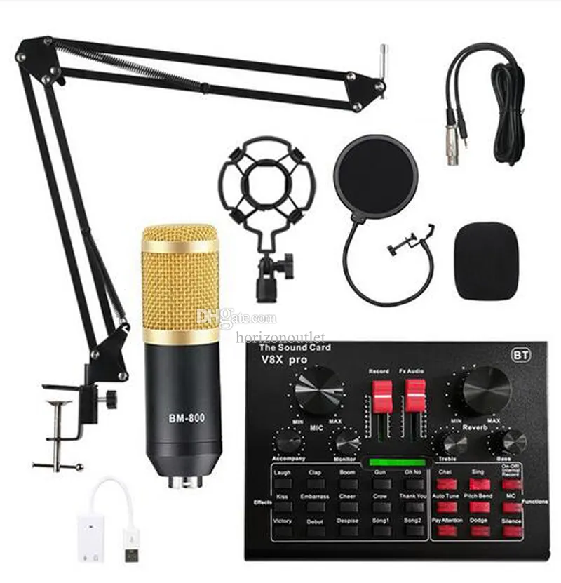 BM 800 Professional Audio Microphones V8 Pro 사운드 카드 세트 BM800 마이크 스튜디오 콘덴서 TV 라이브 보컬 레코딩 팟 캐스트 성능을위한 마이크