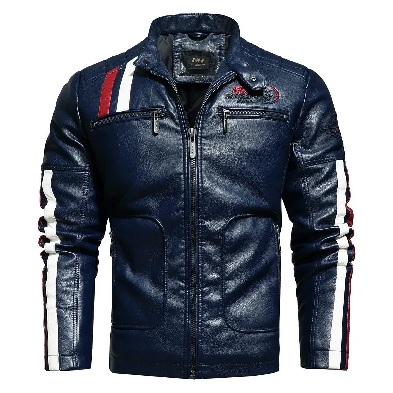 Veste en cuir à fermeture éclair à col montant en polyester décontracté veste de moto homme grande taille