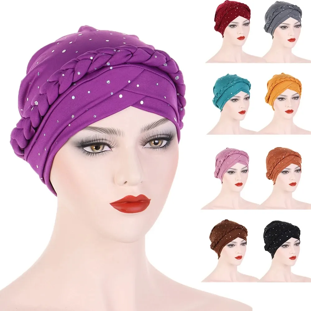 Haarpflege für Damen, islamisches Kopftuch, Polyester-Baumwolle, muslimisches Hijab, Pailletten, Zopfwickel, Stretch, Turban, Hut, Chemo-Kappe, Kopfwickel