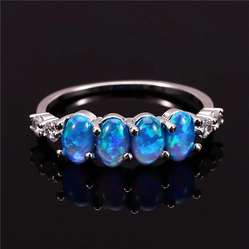 Blue Fire Opal Engagement Ring Trendy Silver Oval Stone Ring for Women