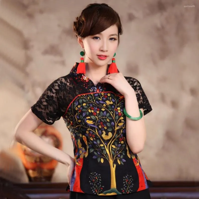 Bluzki damskie Seksowne czarne koronkowe letnia koszula Top Chinese Style Bawełniany lniana bluzka