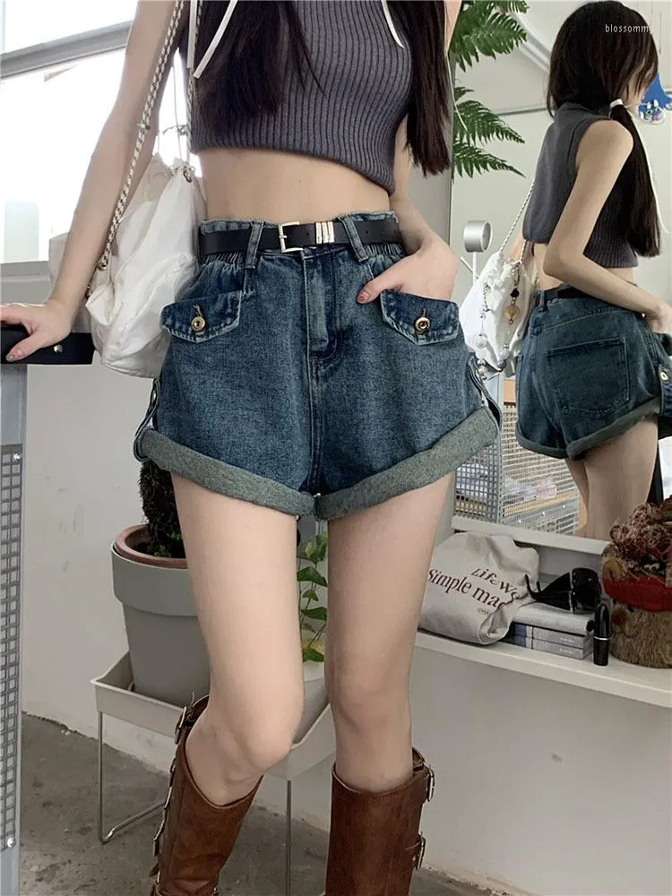 Jeans da donna Tinta unita Crimping Blue Denim Super Shorts Estate da donna American Street Casual A-Line Girl Loose Mini Female