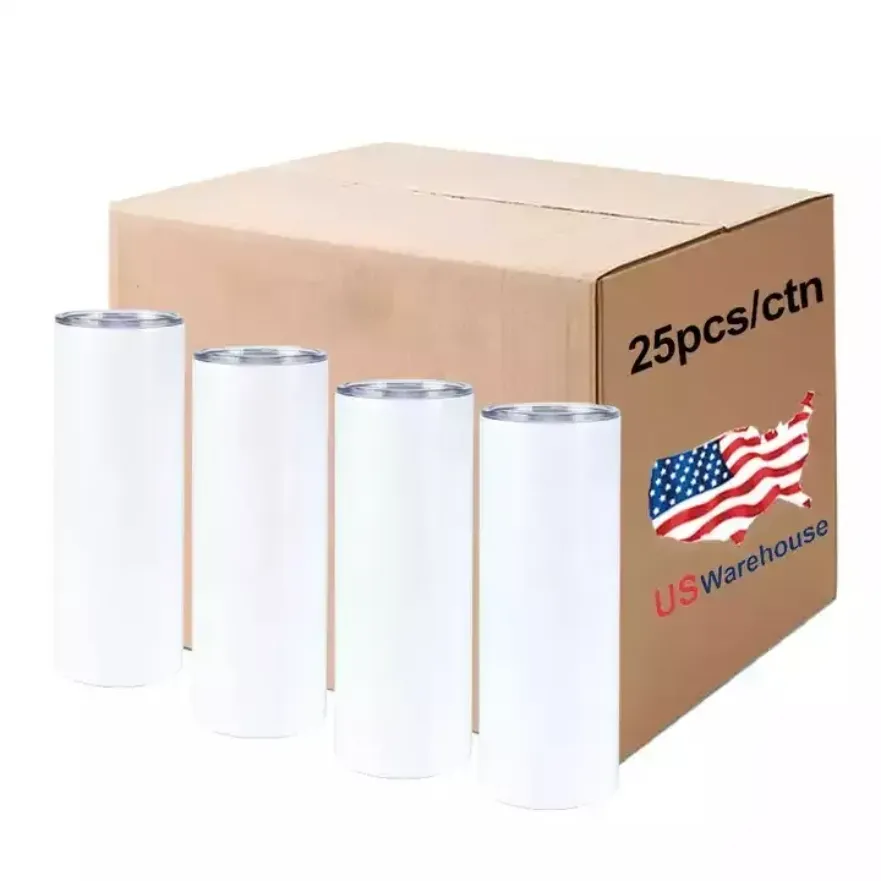 25pc / Carton Livraison 2 jours Gobelets Sublimation Blancs Bouteille d'eau isolée en acier inoxydable Drinkware avec paille et couvercle en plastique USA Entrepôt local 528