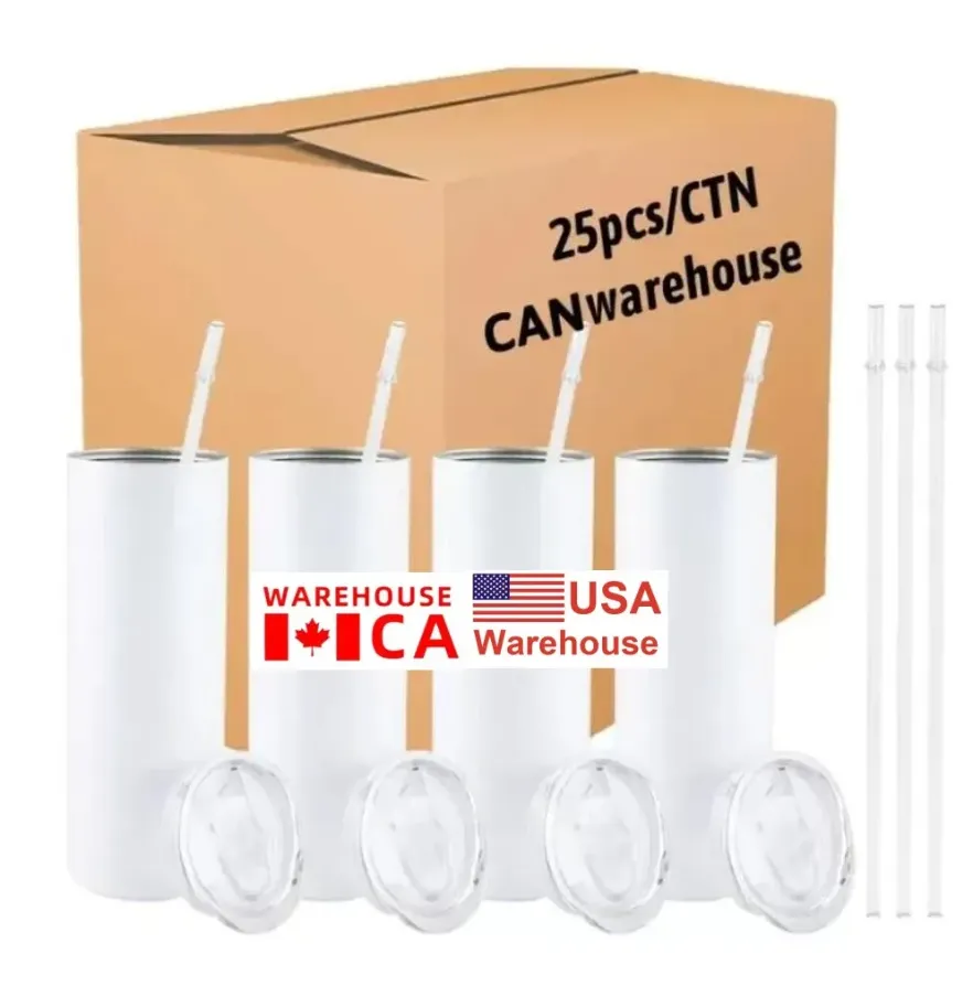 US CA Stock 25pcs/Carton sublimação em branco Tumbler reto Copo do copo de água de 20 oz com tampa e palha 528