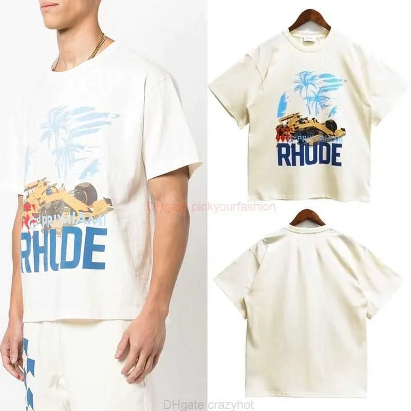 Designer Fashion Clothing Tees Tshirt Rhude American Brand High Street Coconut Racing Print Short Sleeve Loose Relaxed Couple Summer Cotton Streetw