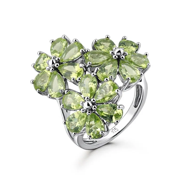 Cluster Rings Fashion Custome Flower Ring Jewelry Natural Peridot Gemstone 925 Sterling Silver Women