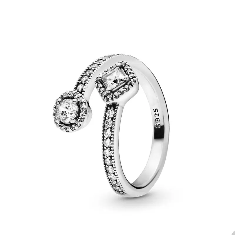 Anello aperto con diamanti di cristallo quadrati e rotondi per Pandora Autentici gioielli in argento sterling per feste Anelli di design per donne Fidanzata Anello regalo con scatola originale