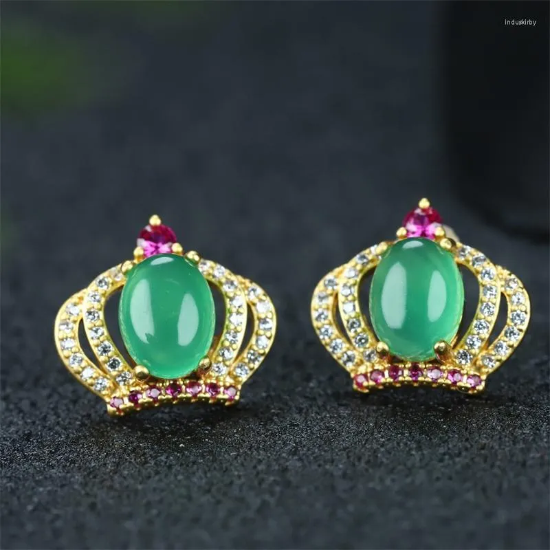 Dingle örhängen som säljer naturlig hand-snidad Jade Crown 24k Inlay Ancient Method Studs Fashion Jewelry Accessories Women Gifts1