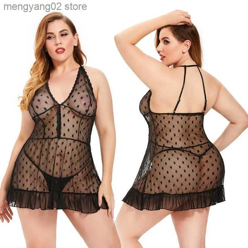 Sexy pyjama's plus size sexy lingerie dames nachtkleding ruches halter nachtdress dames perspectief nachthemd v-neck dot kanten mesh hete jurk t230529