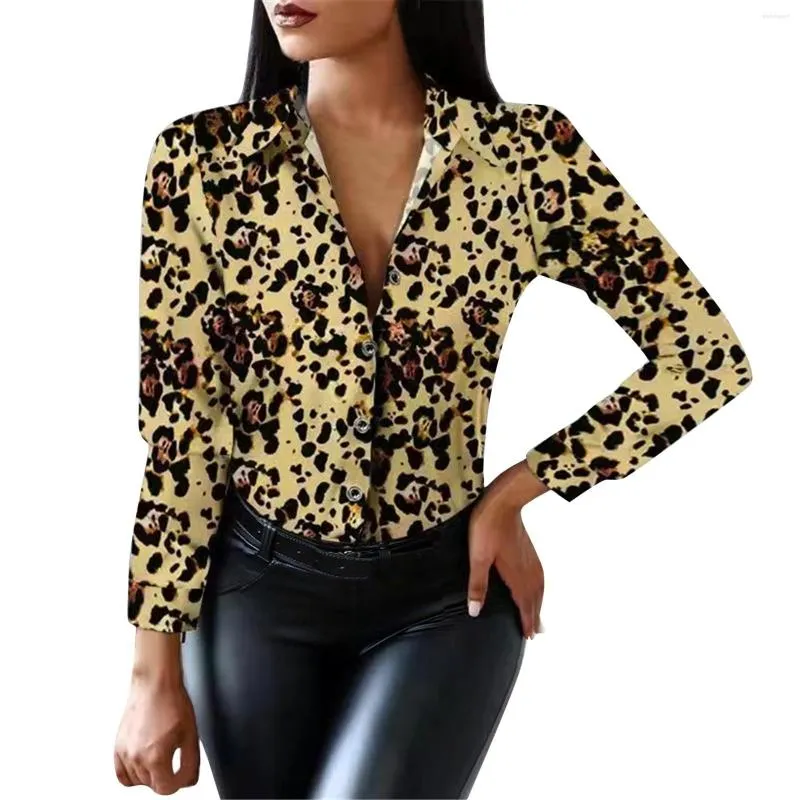 Camicette da donna Moda donna Elegante stampa leopardata Camicia design a bottoni Manica lunga Patchwork Primavera Autunno Abbigliamento da ufficio Camicetta Donna Blusas