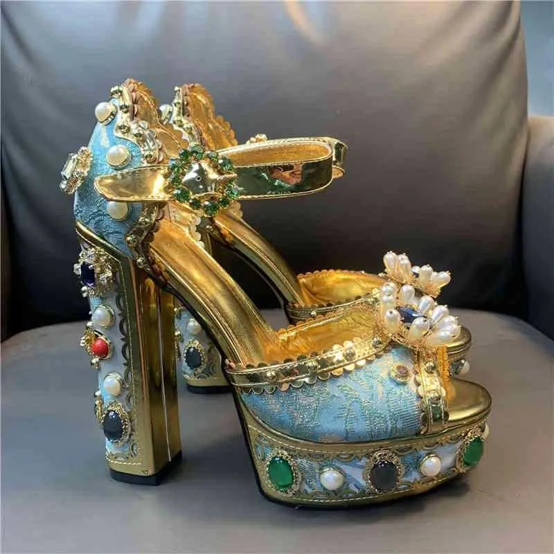 Rhinestone Gold Leather Platform Gold Platform Sandals With Thick High Heels For Women Perfect For Weddings And Special Occasions Style 220901 From Ejaculatingdildos 93.78 DHgate.Com
