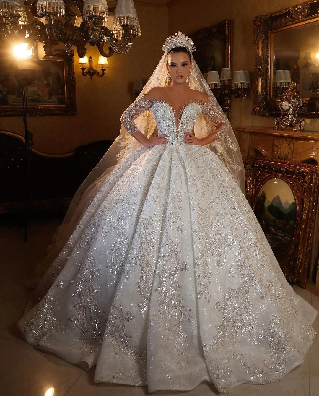 Vestidos de novia con perlas y diamantes clearance