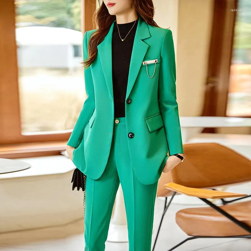 Femmes deux pièces pantalons haute qualité mode vert Blazer femmes pantalons costumes dames affaires travail veste bureau uniforme Style