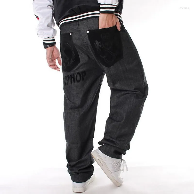 Jeans da uomo Larghi Hip Hop Street Dance Uomini neri Stampati Skateboard Pantaloni da uomo in denim casual dritti Abbigliamento floccato