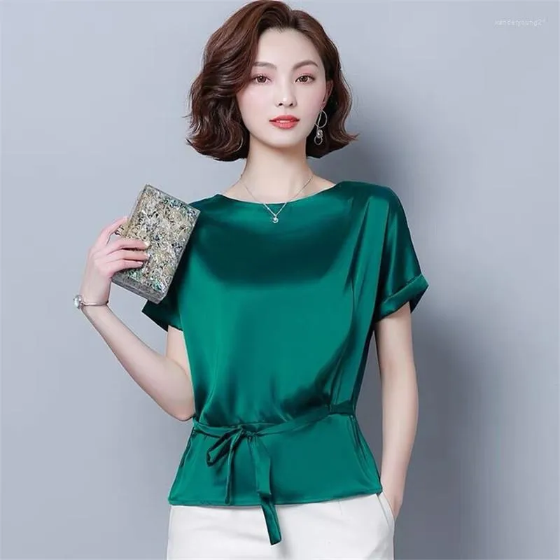 Kvinnors blusar koreanska vilda eleganta raglan ärm chiffon toppar sommar kvinnor mode casual spets upp konstgjord siden skjorta acetat satin