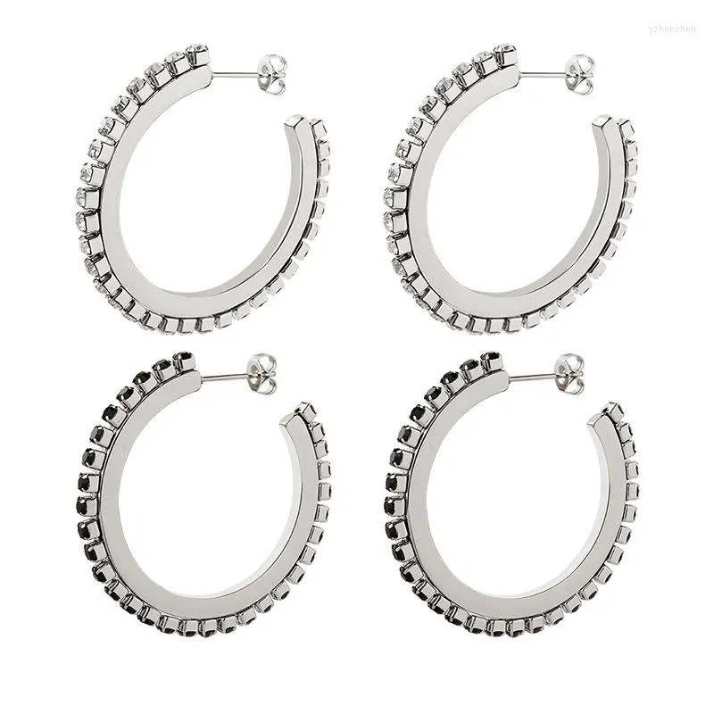 Studörhängen Minimalistiska rostfritt stål Inset Black White Cubic Zircon Sparkles C Formed Hoop Earring For Women Girls Waterproof Jewelry