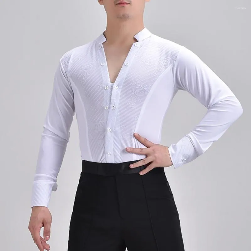 Scene Wear Men's Latin Dance Top Adult Men Shirt Standard Ballroom Dancing Practice Clothes Black White Samba Waltz