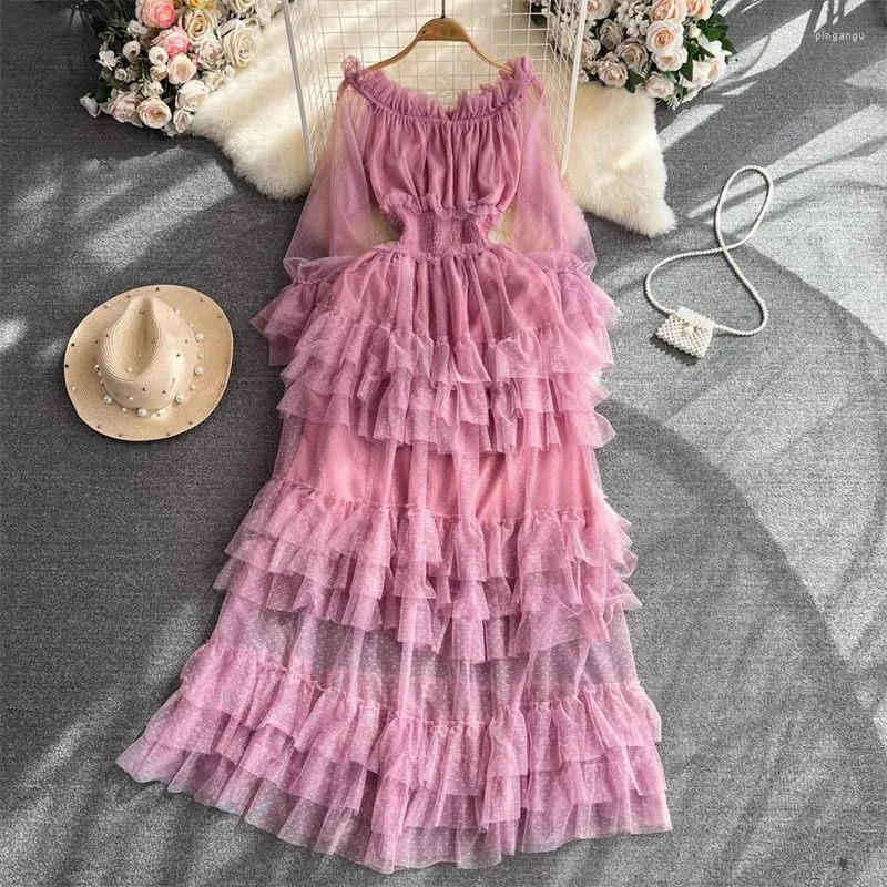 Casual Dresses High End Off Shoulder Slashes Neck Bund Abnehmen A-Line Rüschen Kuchen Mesh Kleid Elegante Mode Party Vestidos Z1299