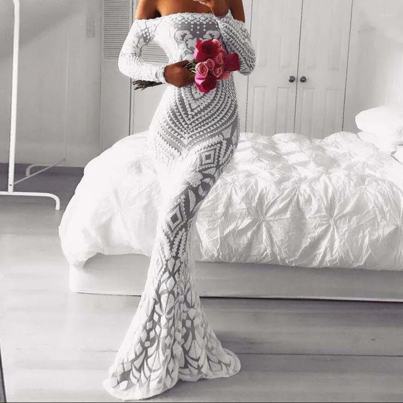 カジュアルドレススラッシュネックスリムレースフィッシュテイルドレスパーティー女性エレガントな長袖刺繍白女性イブニングブライドスミドベスティドス
