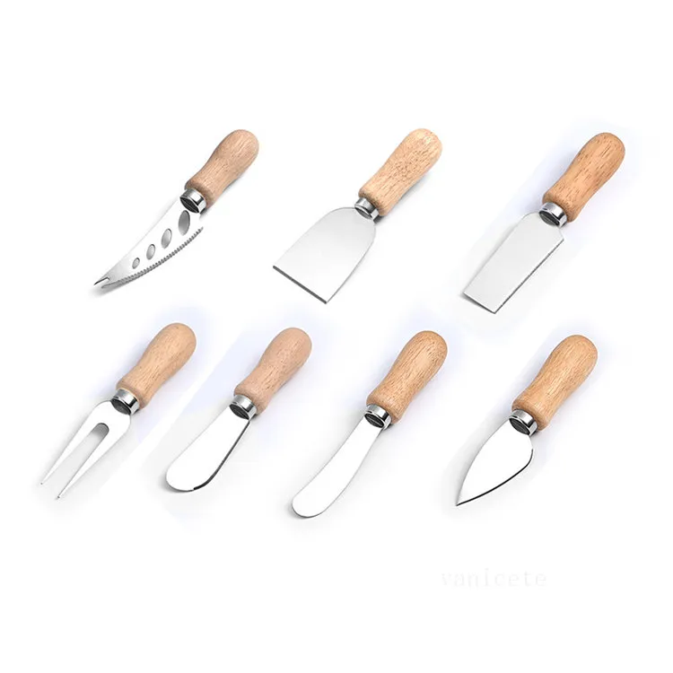 Ostverktyg Trähandtag Knifes Fork Shovel Rostfritt stål Smör Spridare Ostkniv Pizza Kniv Kakor Fruktverktyg LT489