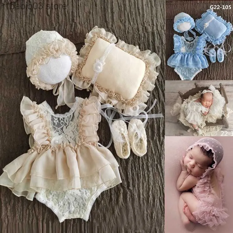 Rompers 0-3Month Baby Newborn Photography Props Baby Hat Baby Girl Lace Romper Bodysuits Outfit Photography Clothing T230529
