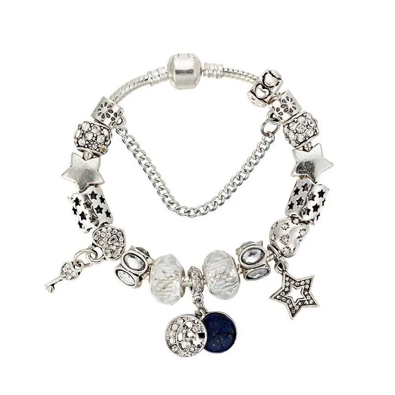 Charm Armband Blue Night Sky och Star Pendant Armband för Pandora 925 Sterling Sier Plated Snake Chain Women Hand Designer Jewelr Dheqo