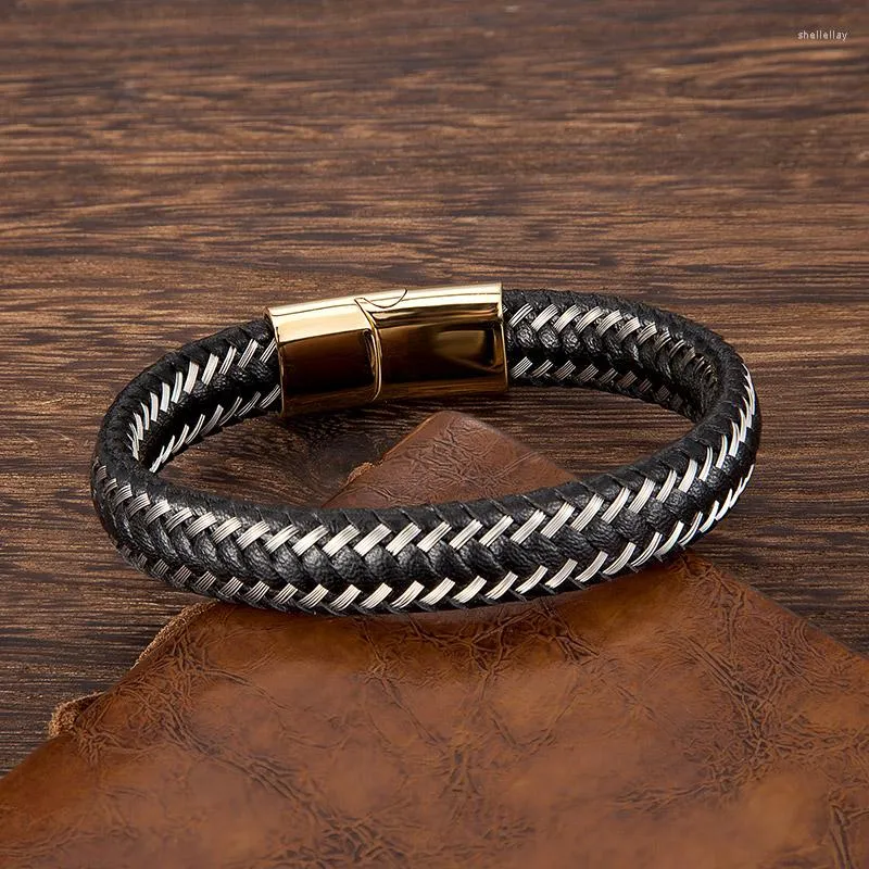 Charm Bracelets Men Fashion Jewelry Stainless Steel Braided Leather Rope Bracelet Punk Accessories Black Magnetic Clasp Bangles Wholesale