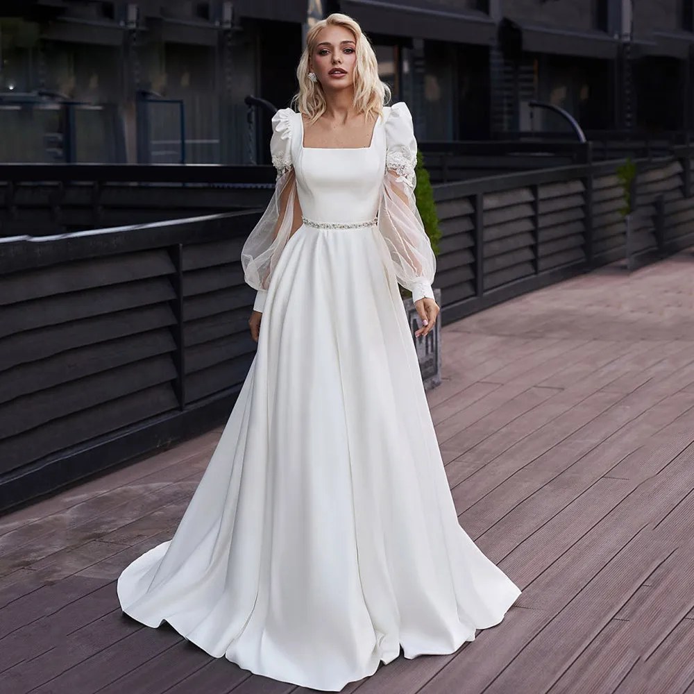 Quadratischer Ausschnitt, A-Linie, Brautkleid, Puffärmel, Knopfleiste hinten, Brautkleid, Applikationen, Perlentaille, Satin, Vestidos De Novia